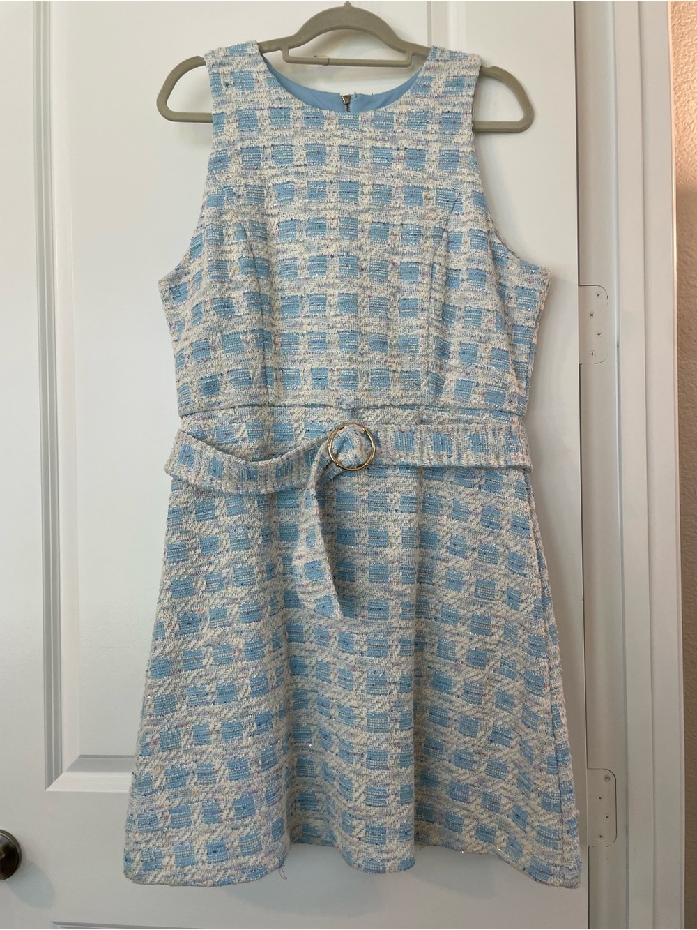 Taylor Blue and White Tweed Belted Dress